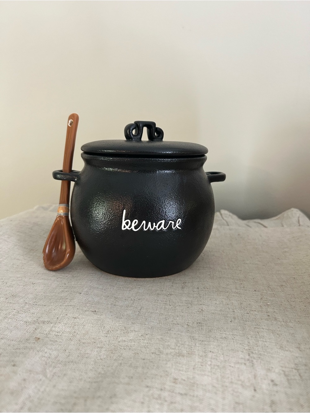 Rae Dunn Black Cauldron Canister with Brown Spoon - "beware"